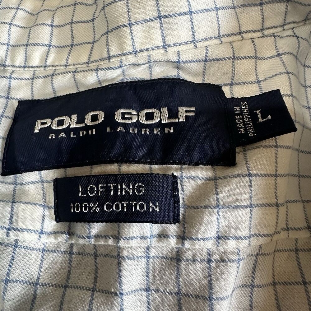 Polo Golf Ralph Lauren Preppy Men’s White Blue Check Cotton Button-Up Shirt L - Picture 2 of 7